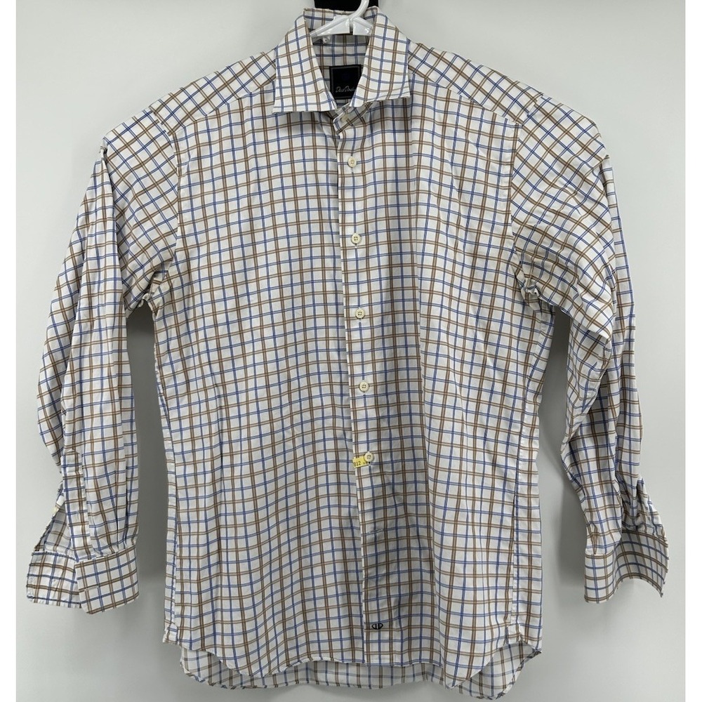 David Donahue Long Sleeve Button Down White Checkered‎ Men's Size 16 34/35